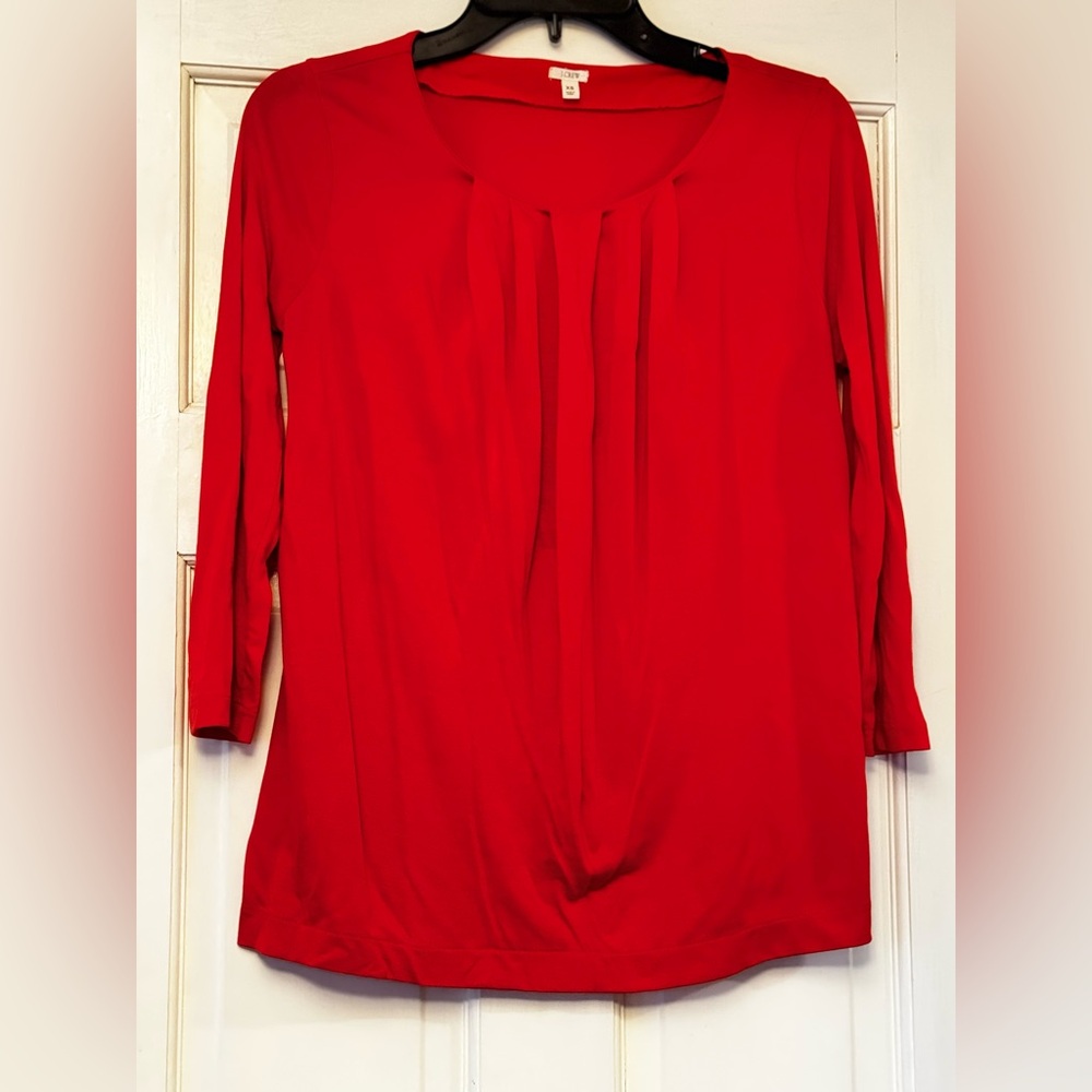 J. Crew Bright Red Pleated Scoop‎ Neck Long Sleeve Blouse